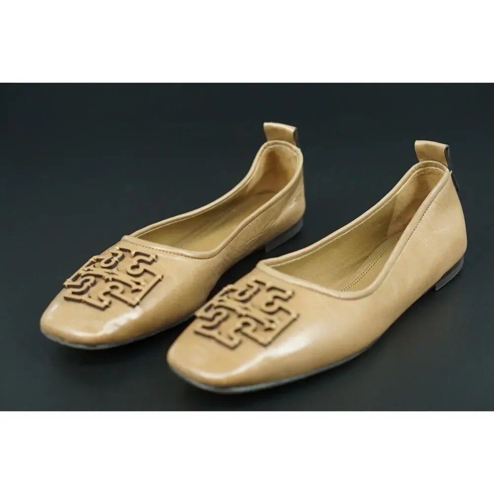 Tory Burch Ines Ballet Flat Leather Size 7.5 Square Toe Logo Tan Almond Rare